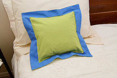 Hemstitch Multicolor Baby Pillow 12x12". Macaw Green French Blue - Click Image to Close